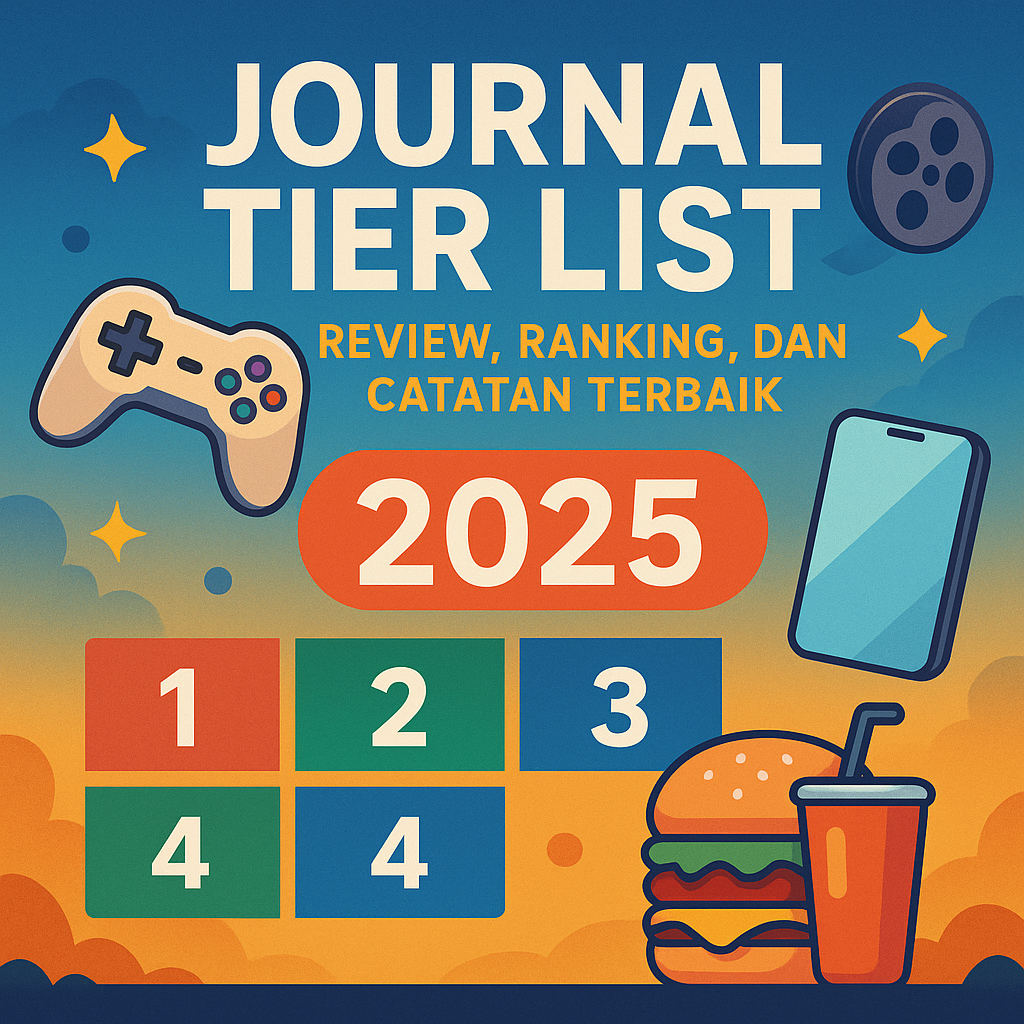 Ilustrasi promosi Journal Tier List 2025 dengan latar berwarna gradasi biru-oranye, menampilkan ikon game controller, reel film, smartphone, burger, dan minuman soda.