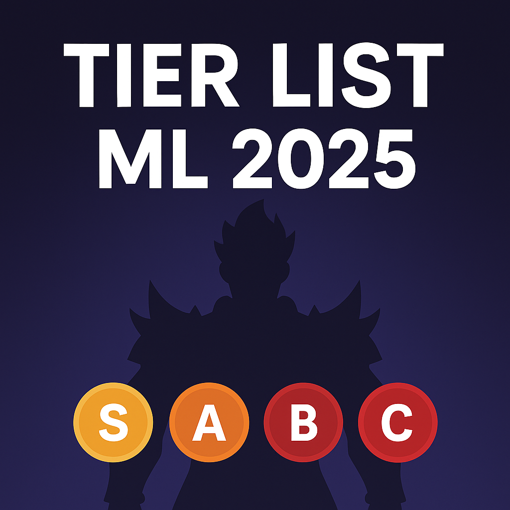 Thumbnail 500x500 Tier List ML 2025 dengan huruf tebal dan ikon tier S A B C