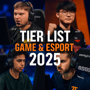 Kolase pro player esports dari berbagai game seperti Dota 2, Valorant, Mobile Legends, dan PUBG dengan latar panggung turnamen bernuansa biru neon dan teks “Tier List Game & Esport 2025