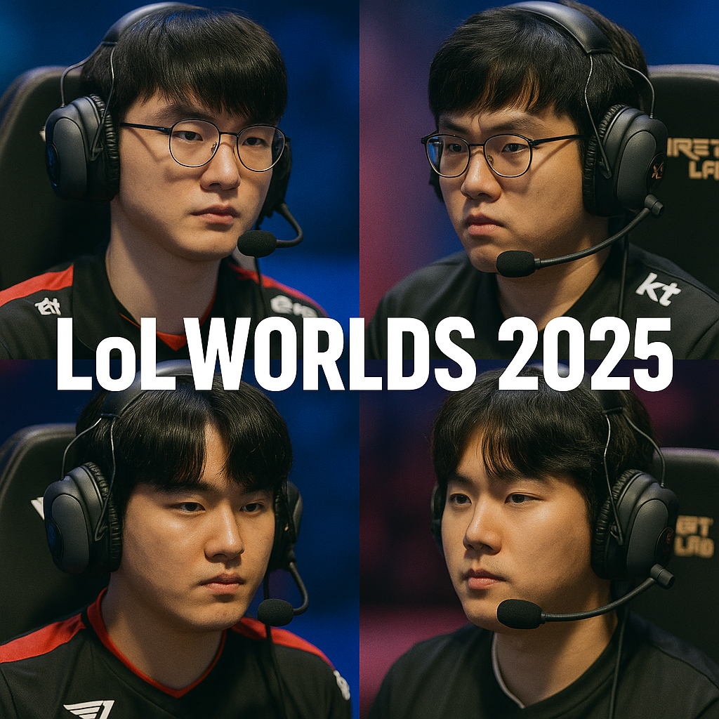 Kolase empat pemain T1 dengan tulisan besar “LoL Worlds 2025” di tengah, latar warna merah biru panggung esports.