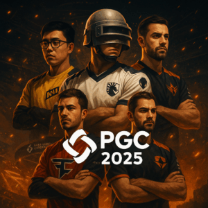 Poster kolase PGC 2025 bergaya realistis dengan pemain esports generic dan suasana panggung kompetitif PUBG PC.