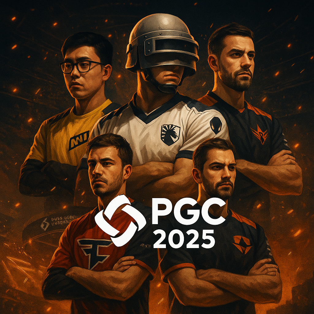 Poster kolase PGC 2025 bergaya realistis dengan pemain esports generic dan suasana panggung kompetitif PUBG PC.