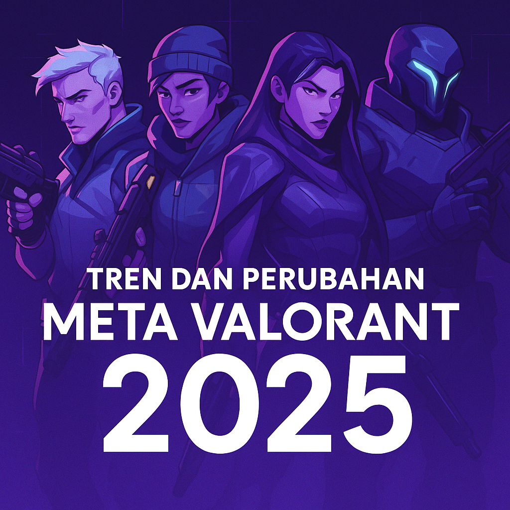 Beberapa agent Valorant seperti Jett, Sova, dan Clove dalam pose aksi memegang senjata futuristik dengan nuansa biru dan ungu, gaya e-sport modern bertuliskan “Tren dan Perubahan Meta Valorant 2025”.