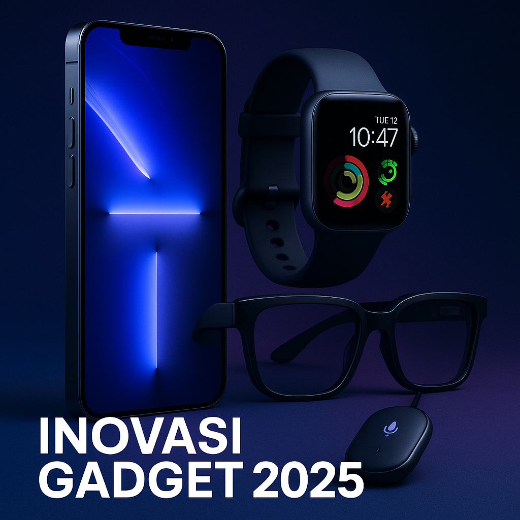 Kolase gadget futuristik 2025 bergaya editorial, menampilkan smartphone, smartwatch, kacamata AR, dan AI pendant dengan pencahayaan neon biru-ungu.