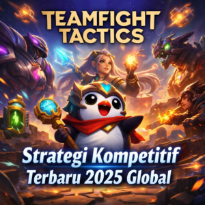 Ilustrasi Teamfight Tactics strategi kompetitif 2025 dengan karakter khas dan nuansa game auto battler Riot